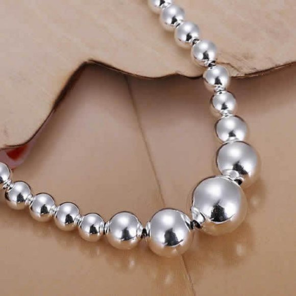 925 SS Plated Graduated Bead Necklace 19" - Picture 1 of 2